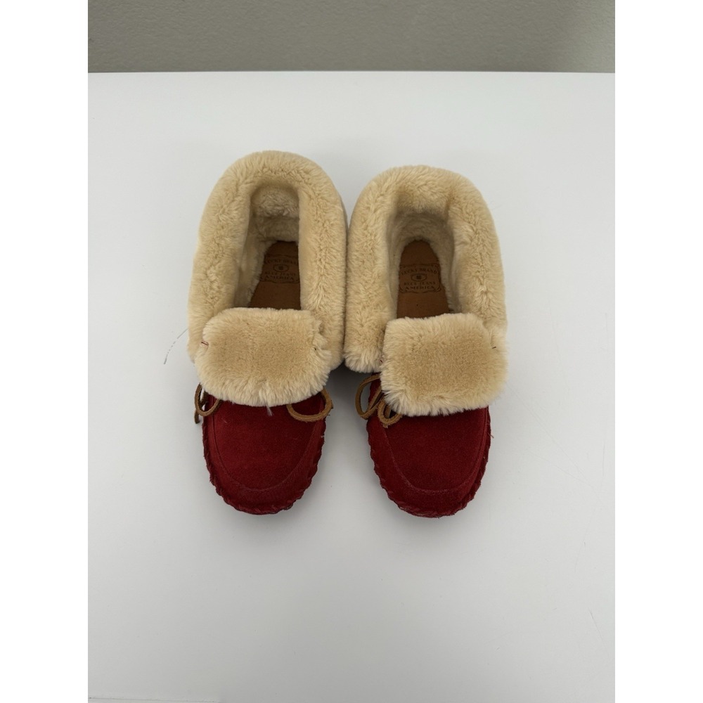 Lucky Brand Red Suede Shearling Fur Lined Moccasin Slippers Women's Size 6